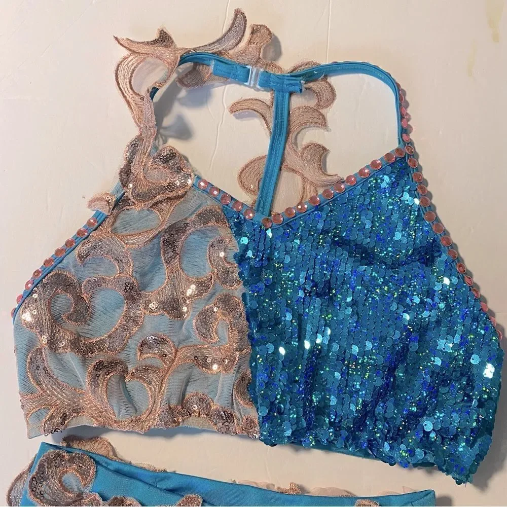 Glamour solo dance costume 2 piece blue pink sequin lace XLC-Extra large child